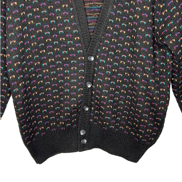 Vintage Jantzen Retro Ditsy Black Print V Neck Cardigan Sweater Size L USA Made - Picture 5 of 12